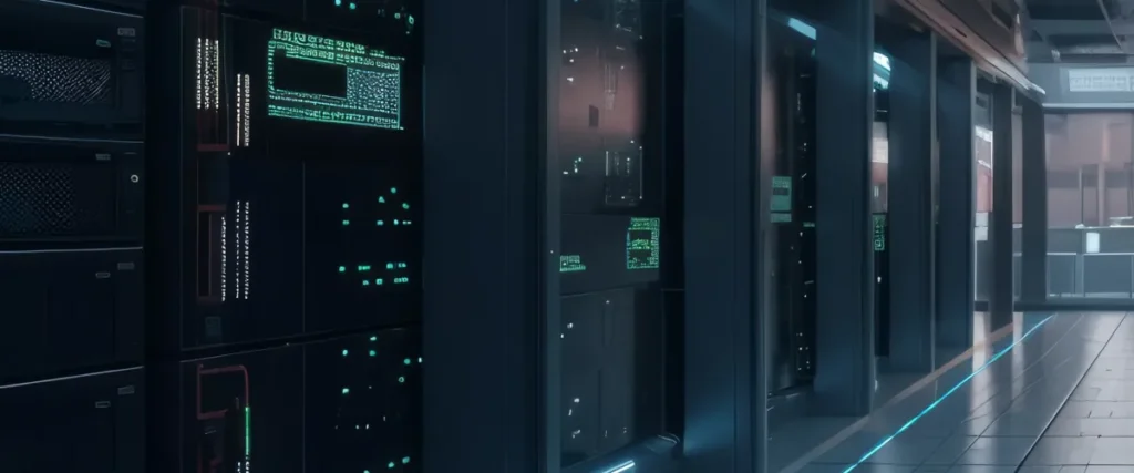 Potemnělé datacentrum se servery a roysvícenou chodbou na konci