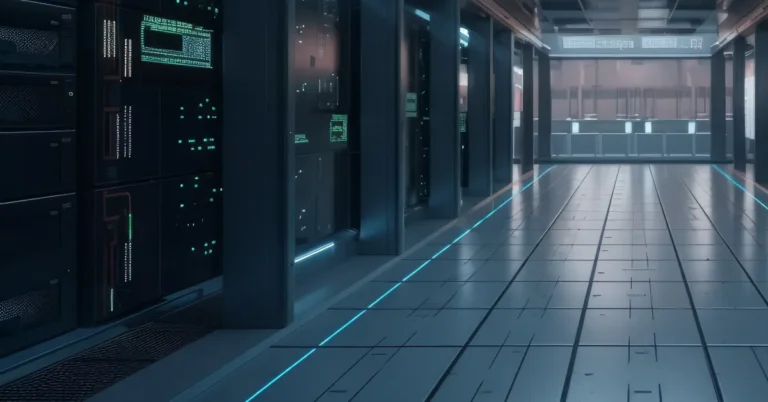 Potemnělé datacentrum se servery a roysvícenou chodbou na konci
