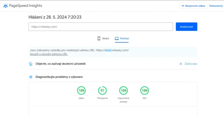 Výstup z analýzy webu vrbacky.com pomocí PageSpeed Insights