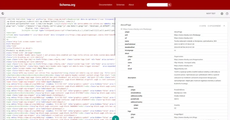 Náhled strukturovaných dat webu www.vrbacky.com ve validátoru na Schema.org